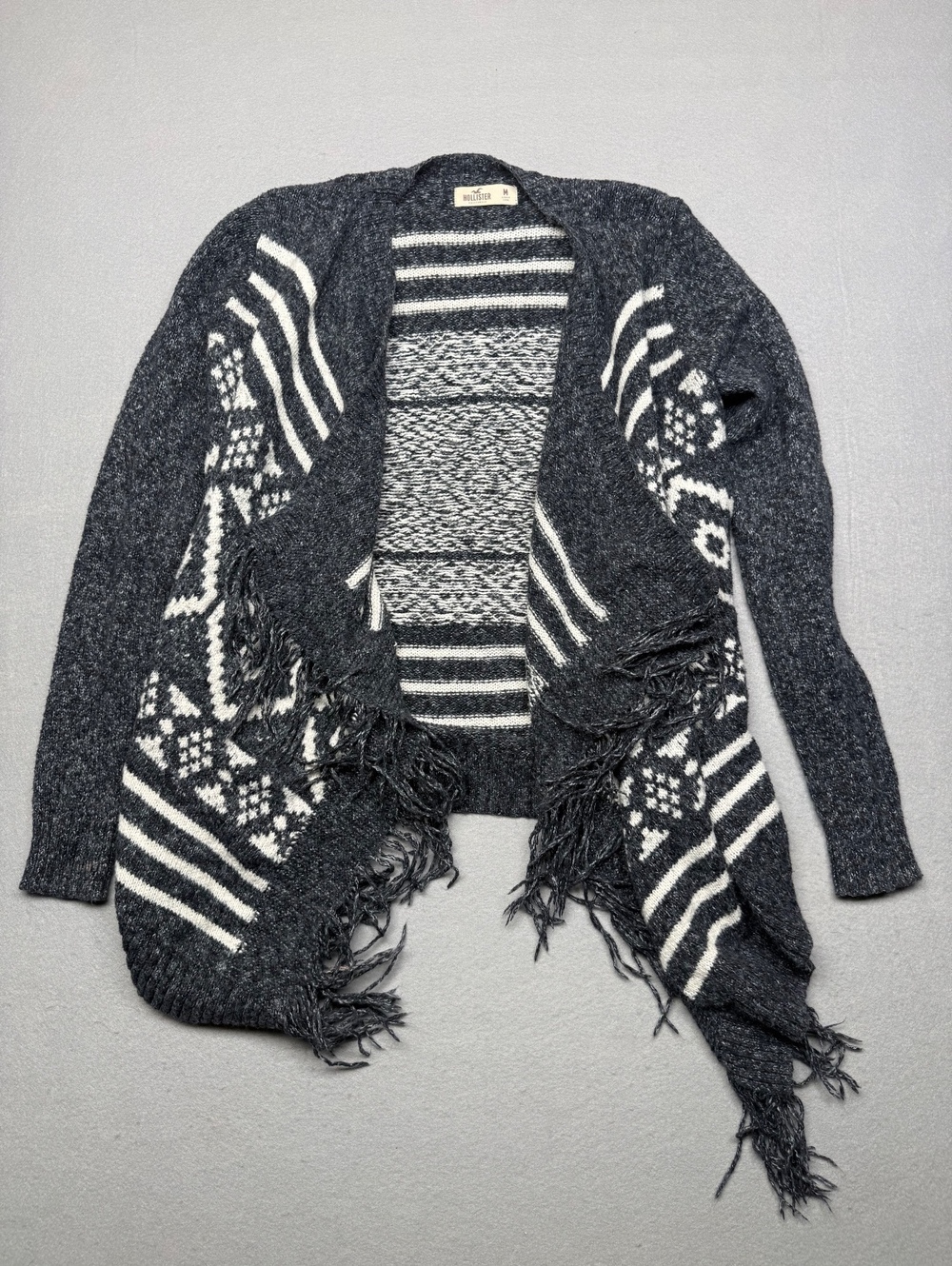 Hollister Open Front Fringe Cardigan Sweater Women M Black